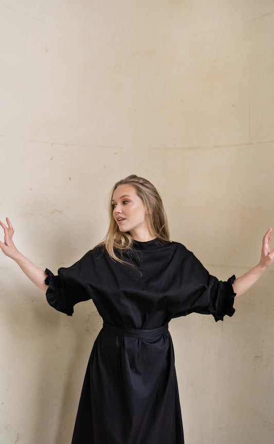 ORGANIC OVERSIZED GABARDIN BLACK DRESS